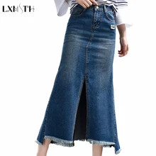 Весенняя модная длинная джинсовая с открытым разрезом юбка-труба Женская однотонная джинсовая облегающая юбка однотонная повседневная с высокой талией Русалка размера плюс
