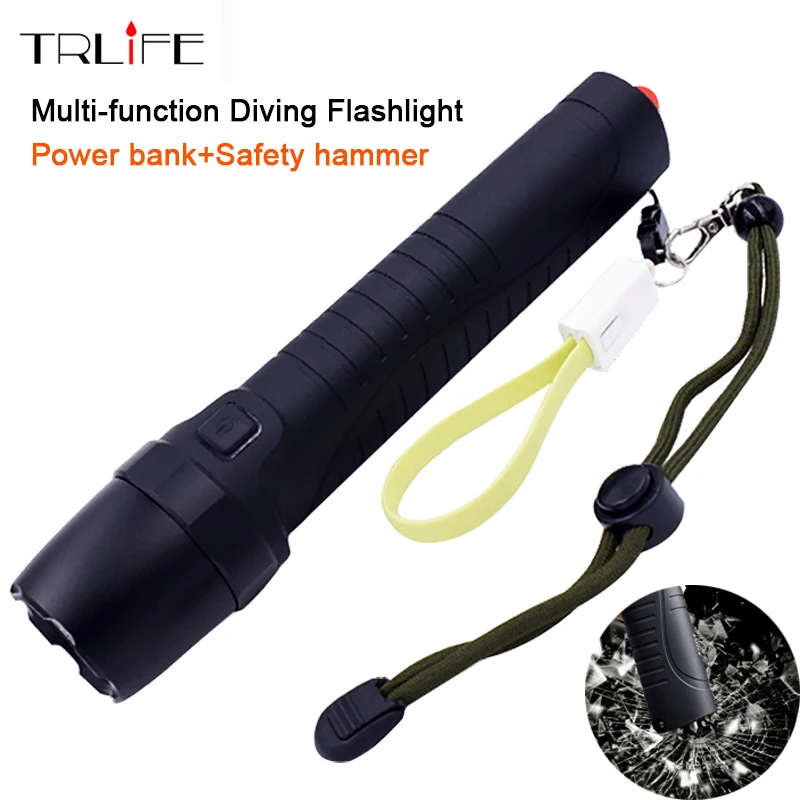 

USB Multi-function Diving Led Flashlight Lanterna Light Torch Power Bank Flash Light with Safety Hammer for Camping Hiking
