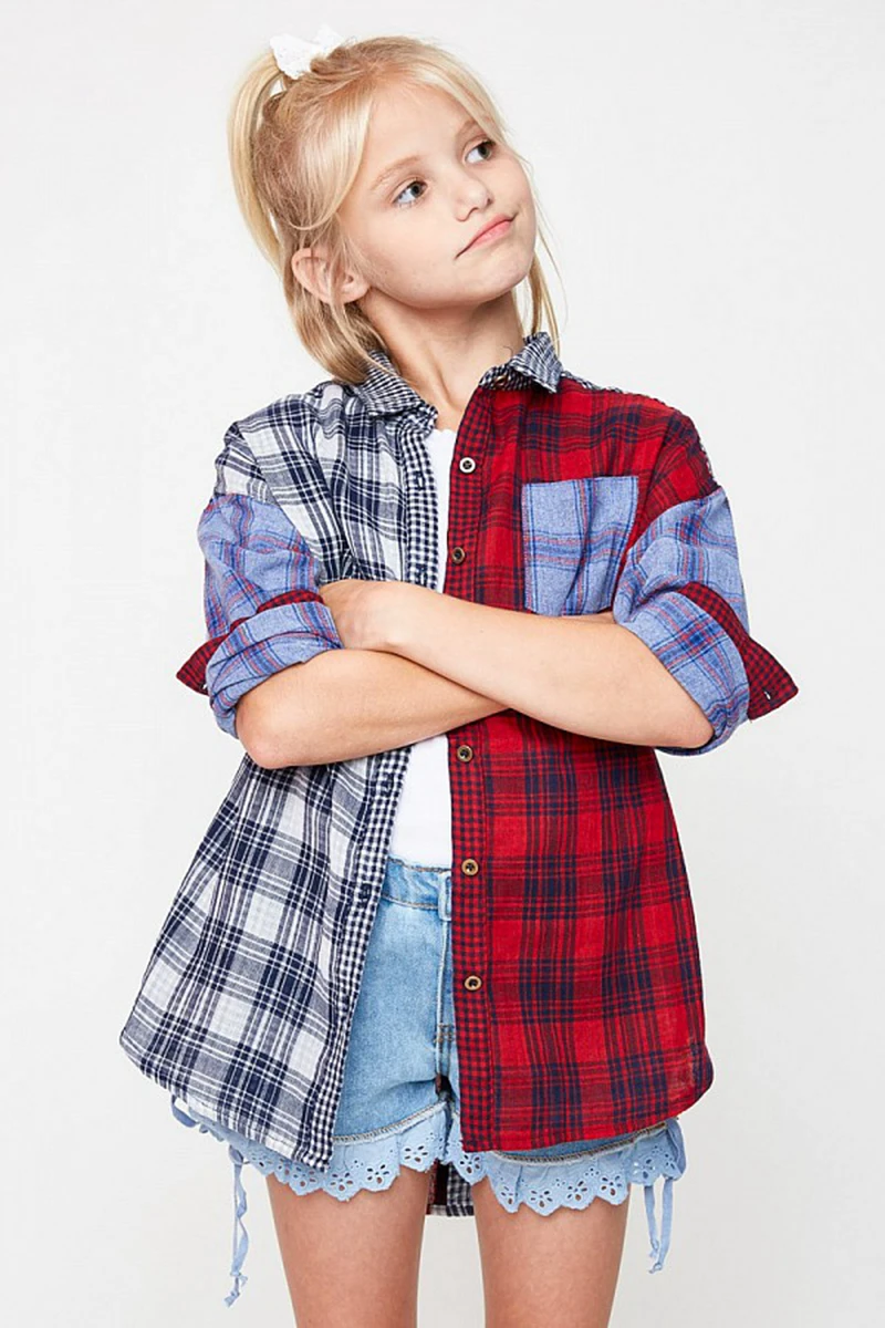 Big Kids Girls Plaid Shirts Teenager Fashion Panelled Blouse Junior ...