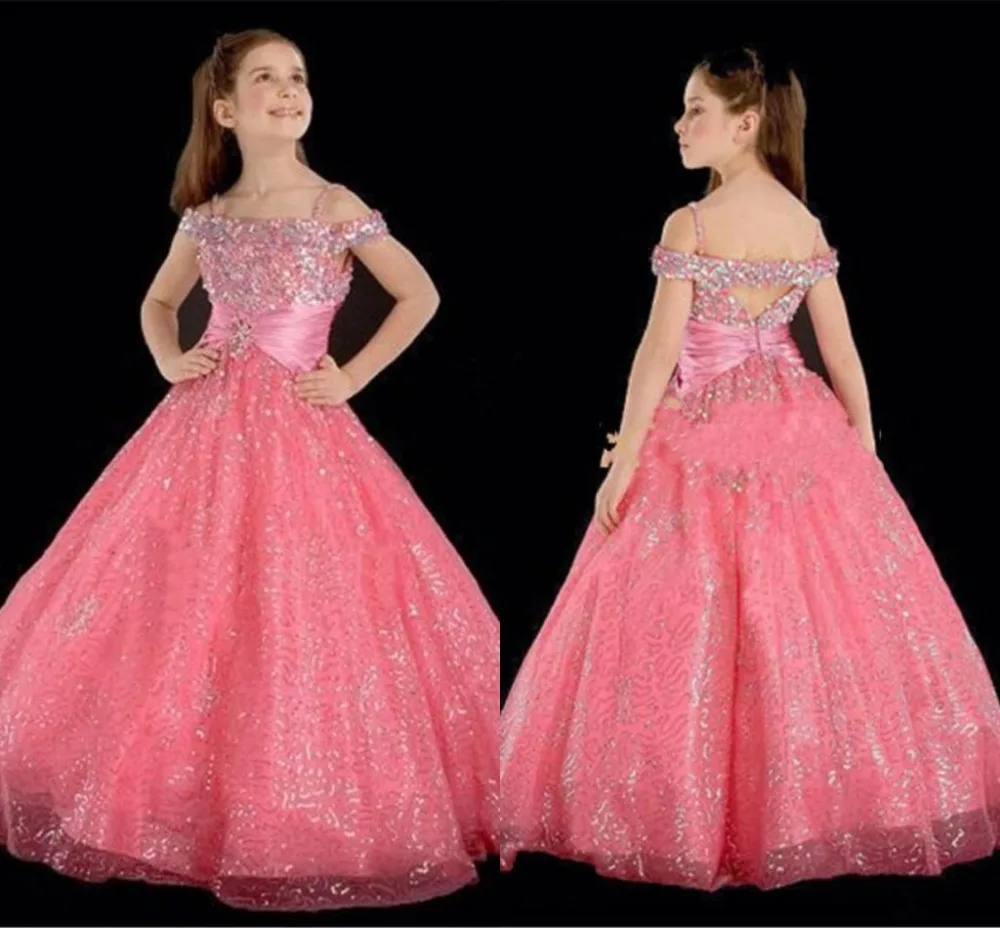 

2016 New Lovely Pink Flower Girls Dresses Off Shoulder Floor Length Sequins A Line Girls Pageant Dress sexy spaghetti straps