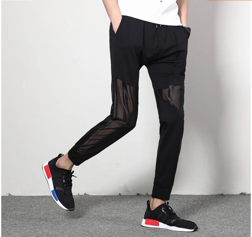 Summer men elastic casual harem pants hollow perspective yarn network