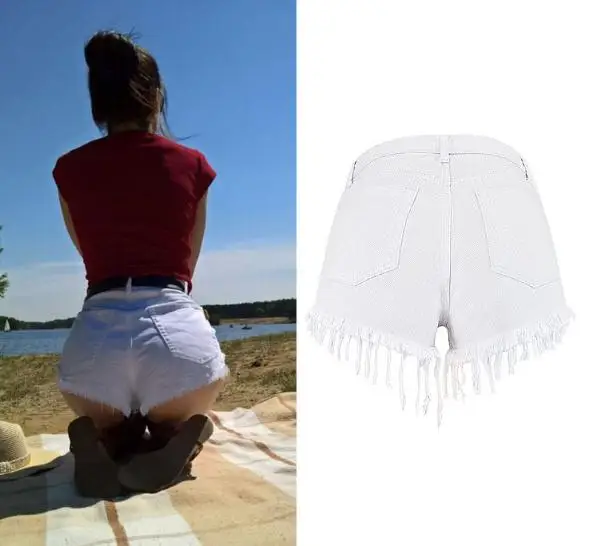 Летние новые женские шорты с высокой талией чистые белые тонкие джинсовые шорты необработанные края кисточки рваные джинсы женские модные шорты D105