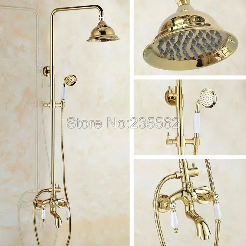 

Роскошный дождевой смеситель для душа из золотистой латуни, кран для ванны с двойной керамической ручкой и настенным креплением + ручной спрей lgf436