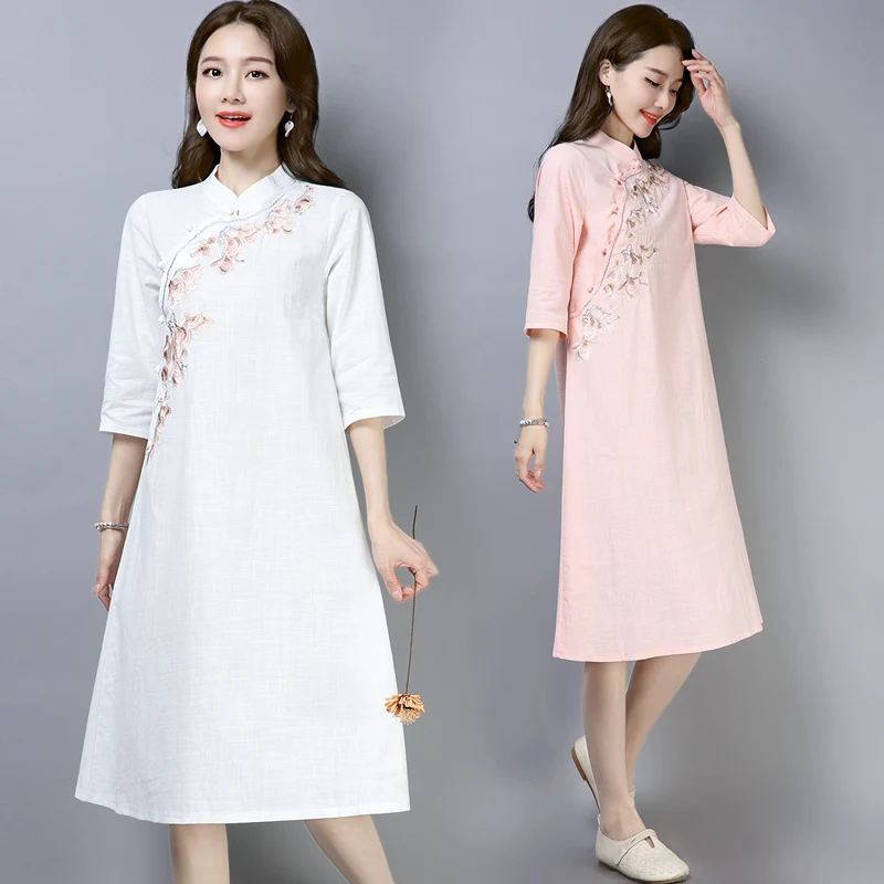Женское традиционное китайское платье Ципао с рукавом три четверти и цветочной вышивкой, хлопковое платье Ципао