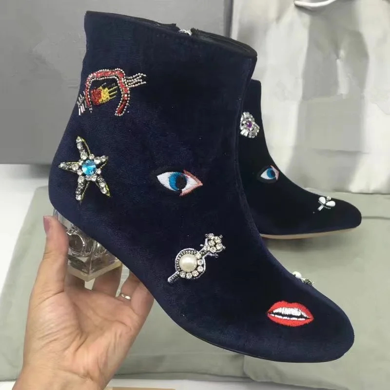 

Round Toe Colorful Crystal Embellished Embroider Women Ankle Boots Transparent Heel Side Zip Low Heel Short Booties Luxury Brand