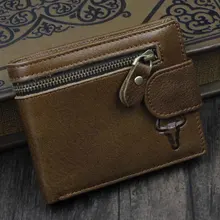Натуральная кожа мужские с двумя отделениями на молнии бумажник на кнопке карты держатель для монет коричневый