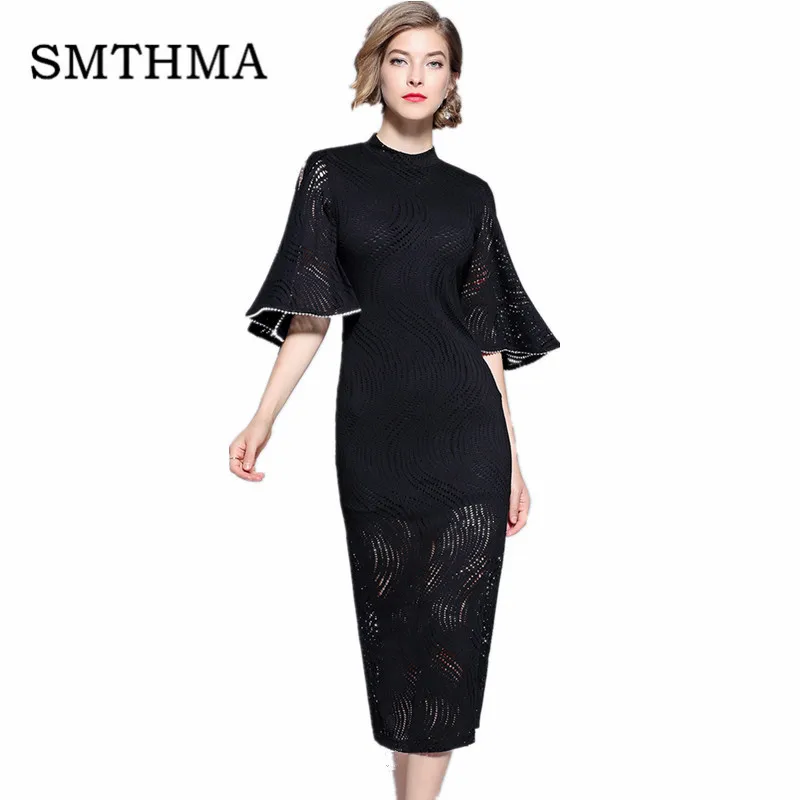 

SMTHMA 2019 High quality luxury runway Flare Sleeve Lace Long Dress women elegant Elastic Black Beading Dress vestidos
