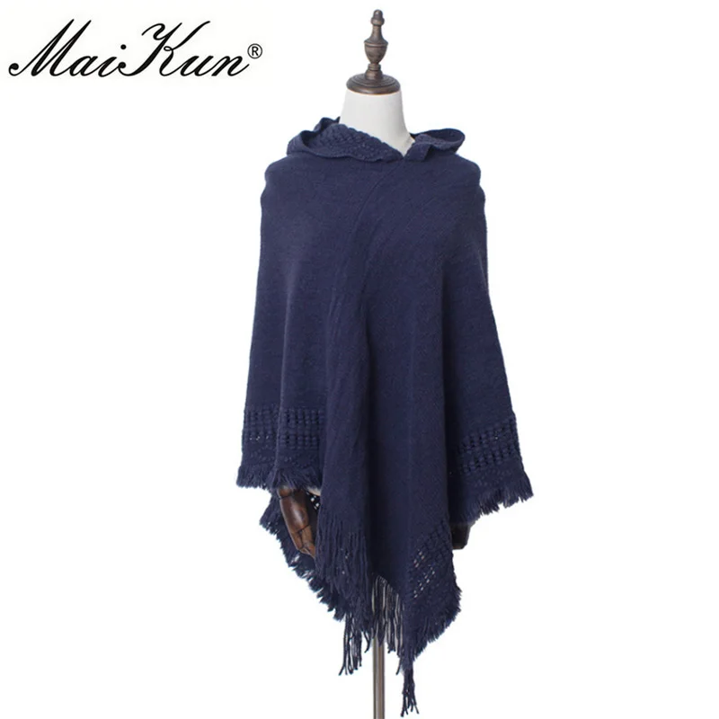 Maikun шарф женский модное пончо для женщин и дамы накидка с кистями и косых полосками в стиле богемский шарф теплый и модный - Цвет: navy blue