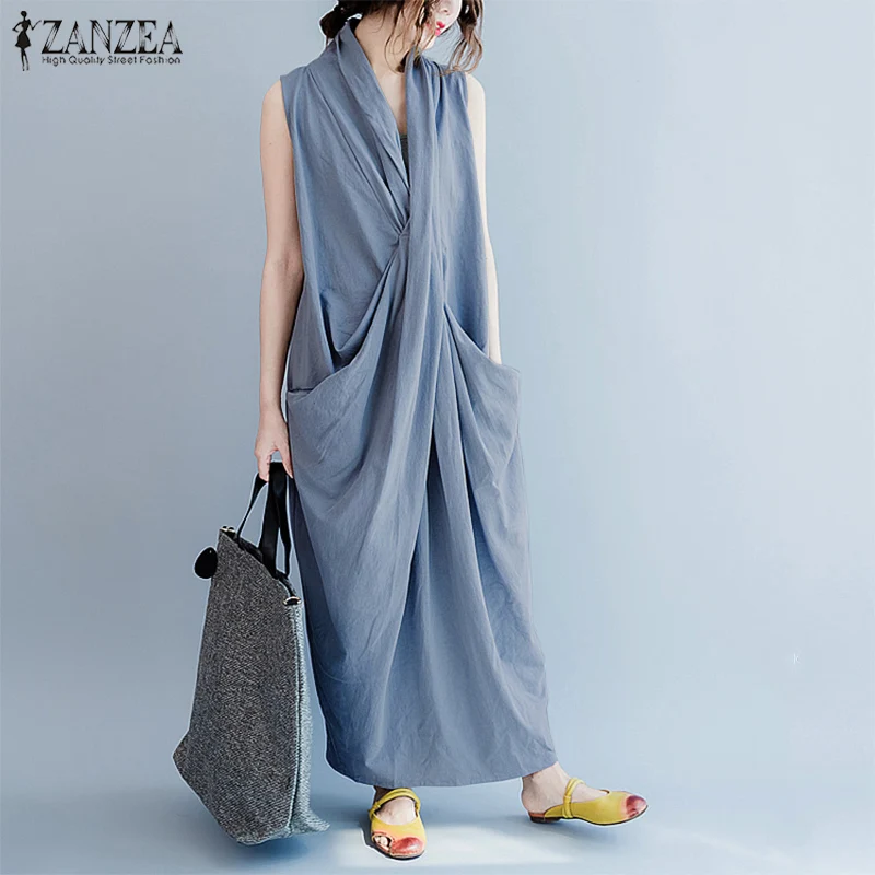 

Fashion ZANZEA Women Summer Deep V Neck Sleeveless Loose Long Dress Casual Elegant Work OL Split Hem Solid Long Tank Vestido