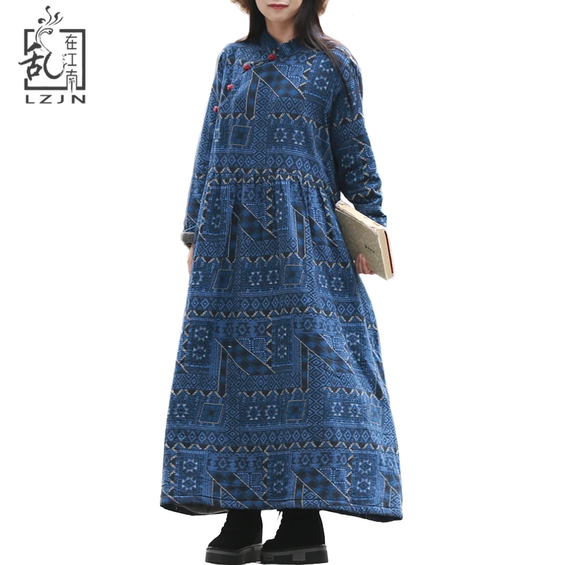 LZJN Lente Faux Fur Kleding Vrouwen Maxi Jurken Elegante Katoen Linnen Gewaad Pullover Gown Lange Mouwen Fleece Winter Jurk 1902