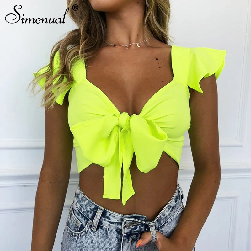 

Simenual Neon Color Sexy Women Wrap Top Casual Bandage Ruffle Sleeve Tops Fashion V Neck Cropped T Shirts Summer 2019 Short Tees