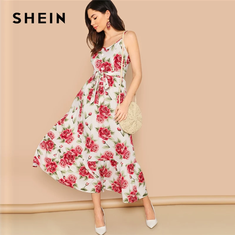 

SHEIN Multicolor Button Detail Flounce Hem Floral Cami Maxi Dress 2019 Spring High Waist A Line Spaghetti Strap Dresses