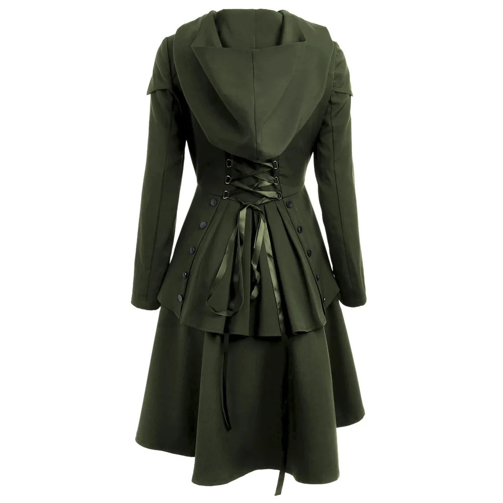 Винтажное Женское пальто с капюшоном в готическом стиле размера плюс, осенне-зимнее повседневное приталенное пальто, длинное пальто с оборками