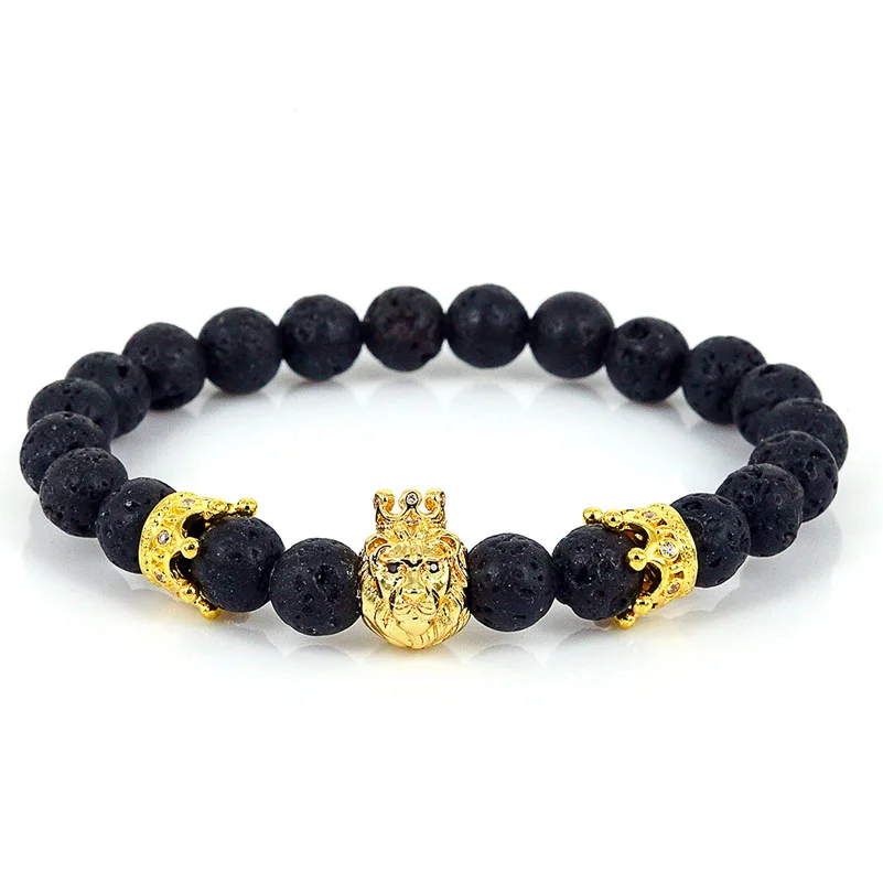 Leone Braccialetto Atolyestone Dei Monili 8Mm Black Rock Pietra Lavica In Rilievo Imperial Crown Leo Re Testa Del Braccialetto Pulseira Masculina