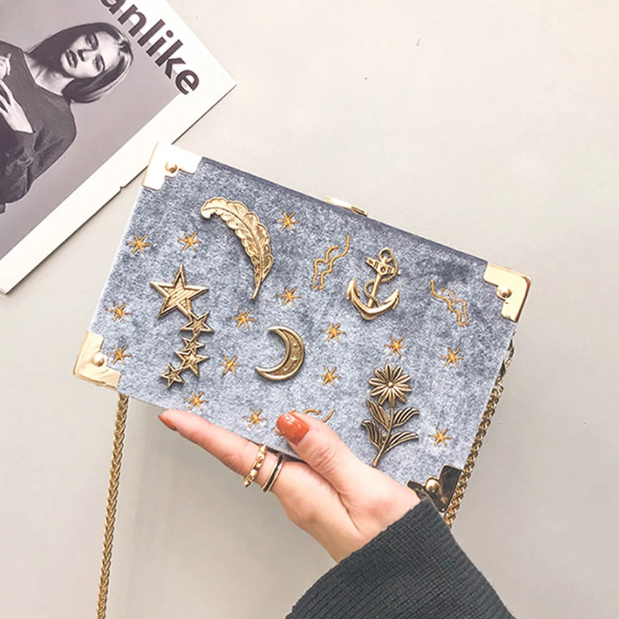 

Corduroy Metal Badge Box Shape Handbag Purse Women Black Chain Party Clutch Bag Kawaii Shoulder Bag Crossbody Messenger Bag