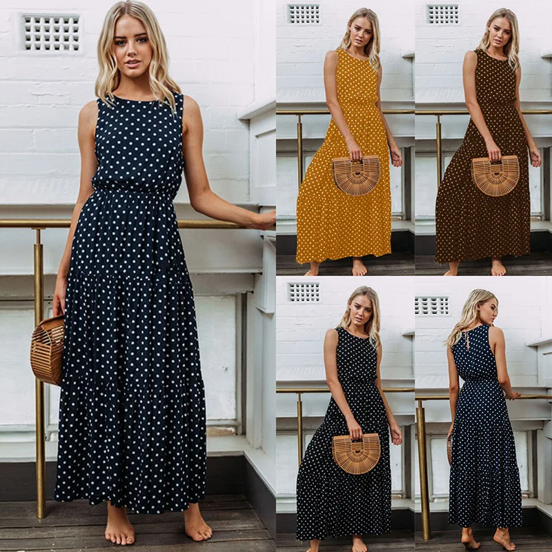 

Women Dress 2019 Summer Hot Seller Dot Print Sleeveless A-line Long length O-neck with button on back neck girls dresses S-XL