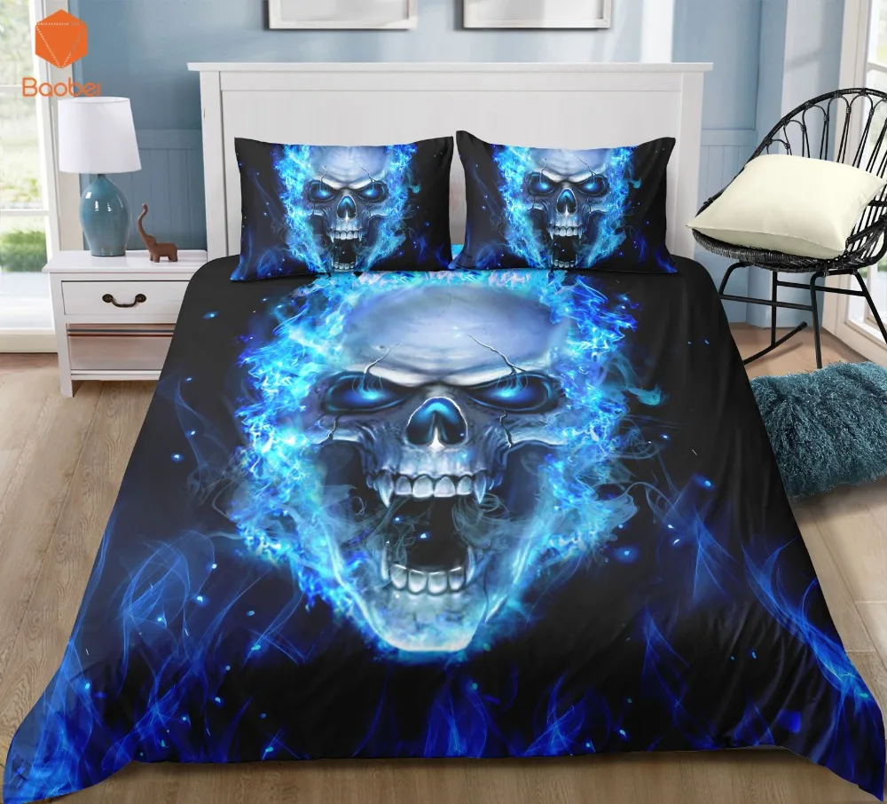 3Pcs Blue flame Skull Starry sky Bedding Set Pillowcases Duvet Cover