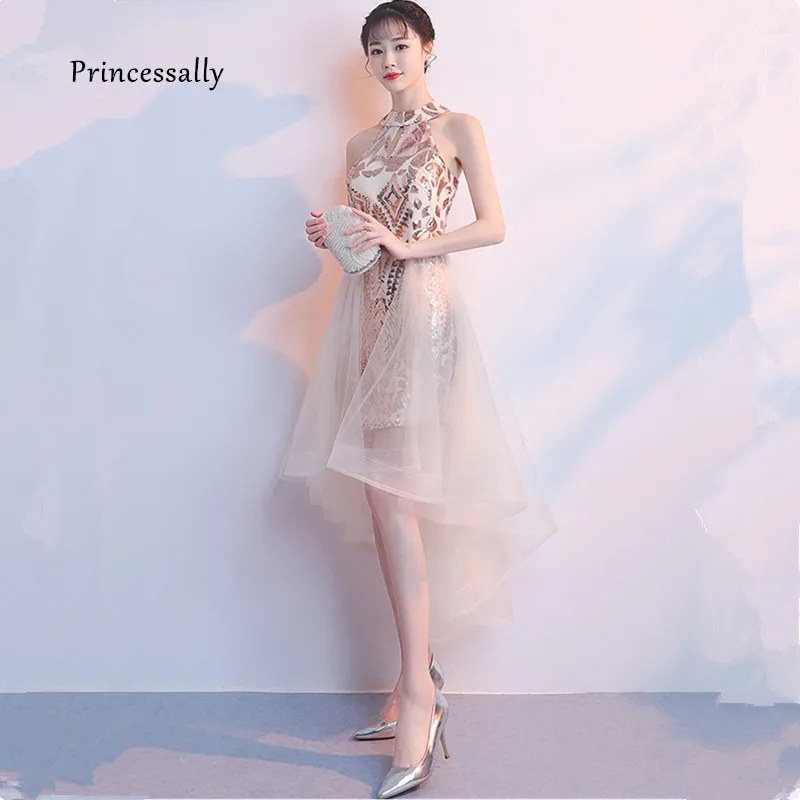 

Robe De Soriee New Sequin Cocktail Dress High Low High Neck Sleeveless Robe Cocktail Occasion Dresses For Women Vestidos Verano
