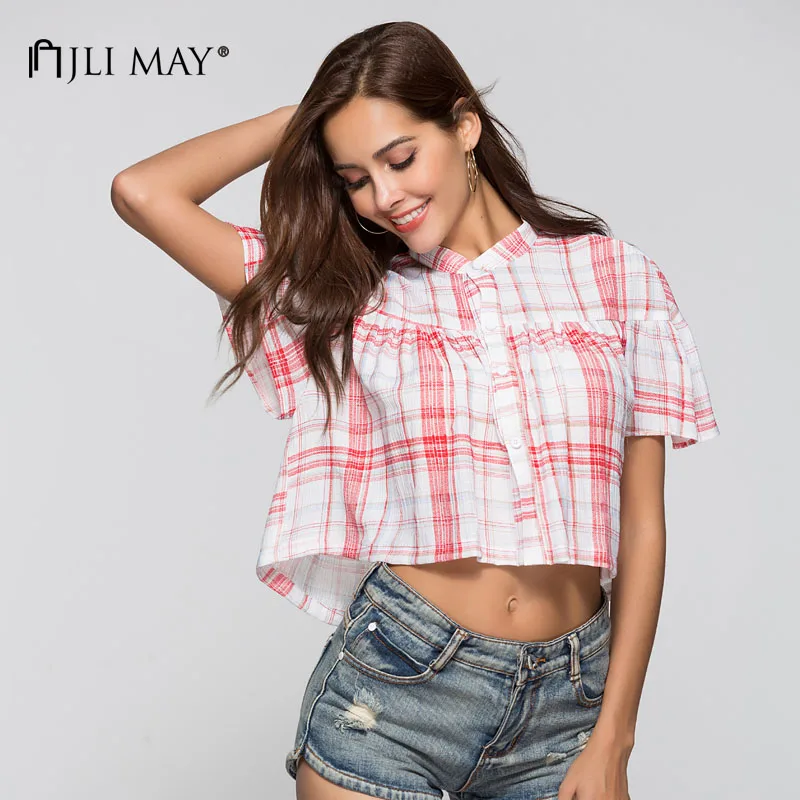 Women Summer Ethnic Plaid Stand Collar Blouse