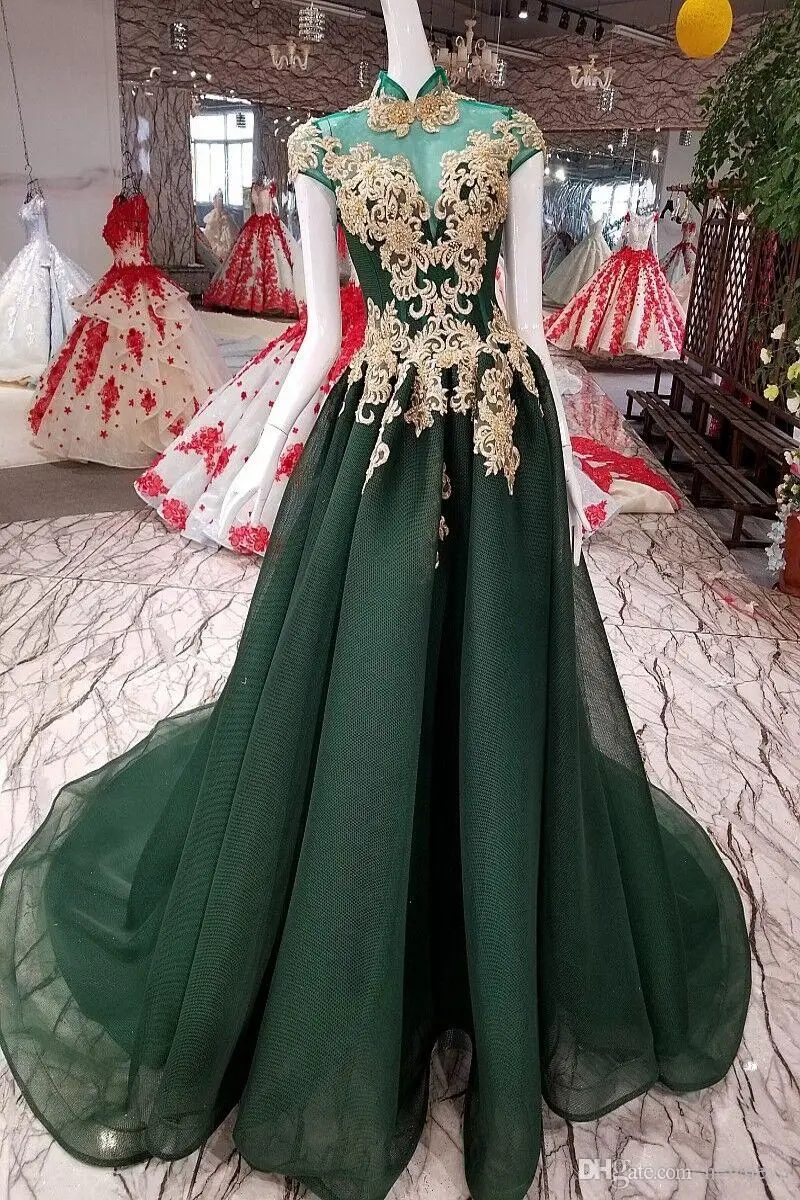 navy blue prom dresses 2020 Green Prom Dress Gold Lace Applique Beaded High Neck Hollow Back Sweep Train Plus Size Evening Gowns Formal Party Dress long prom dresses