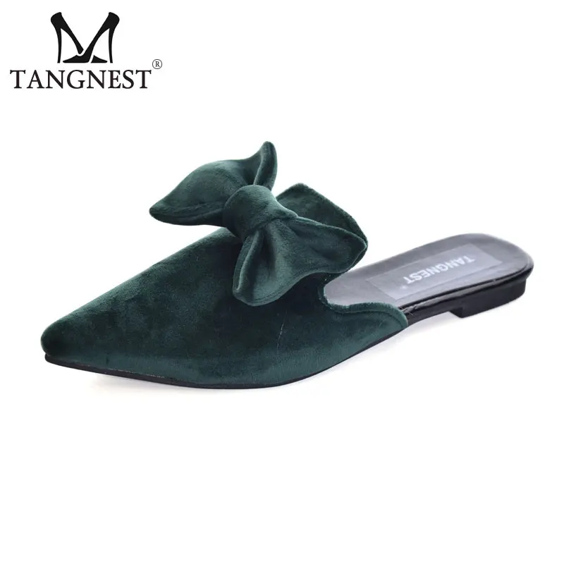 preço Tangnest Slingbacks Sapatos de Veludo Mulheres Sexy Sapato de Bico Fino Mulas Doce Borboleta nó Chinelos Flats de Couro Rebanho Feminino XWZ4514