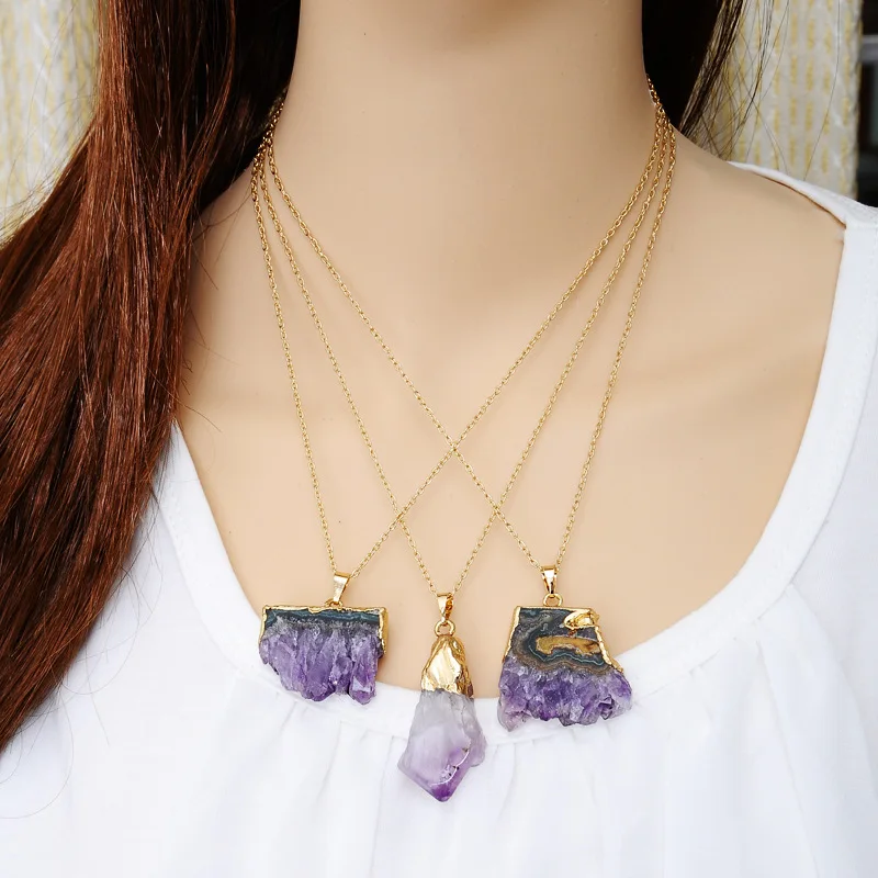 

Natural Stone Pendant Necklace For Woman Charms Jewelry Druzy Irregular Amethysts Quartz Necklace