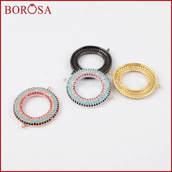

BOROSA CZ Micro Pave Round Circle Connector for Bracelet,Drusy Colorful Zircons CZ Connectors Double Bails for Women WX437