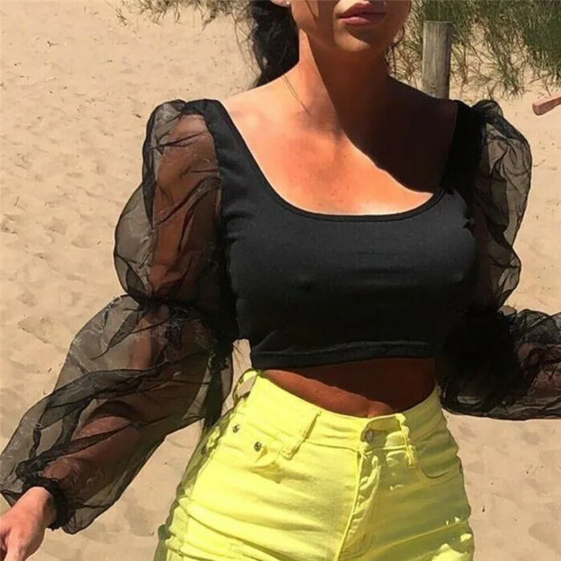 

Women Summer Puff long sleeve Blouse tops arrival Sexy Strappy Slim crop top Clubwear Solid Sheer Organza Blusas Clothes Girls