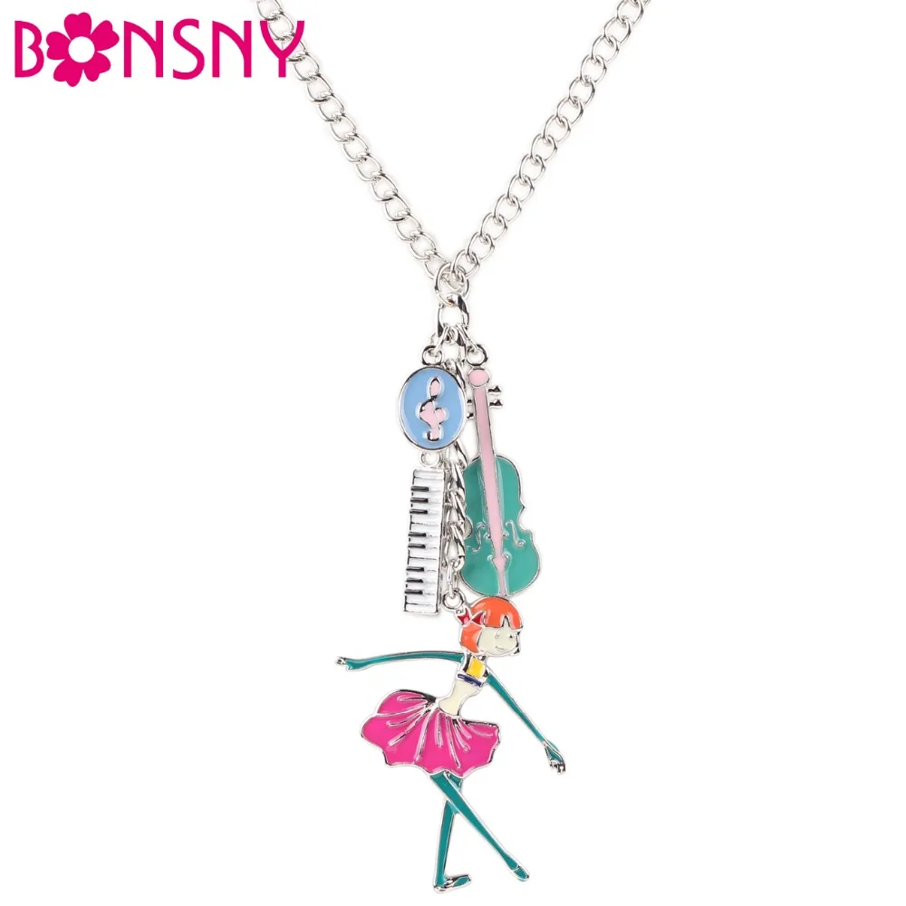 

Bonsny Maxi Alloy Guitar Piano Dance Girl Necklace Chain Enamel Jewelry Colorful Pendant 2016 Hot Fashion Jewelry For Women