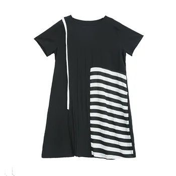 

Ladies dress 2019 summer new stitching striped head dress dark black personality street large size long skirt 8132