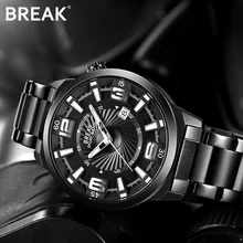 BREAK Men Top Luxury Brand Stainless Steel Band Fashion Casual Analog Quartz Sports Wristwatches Calendar Dress