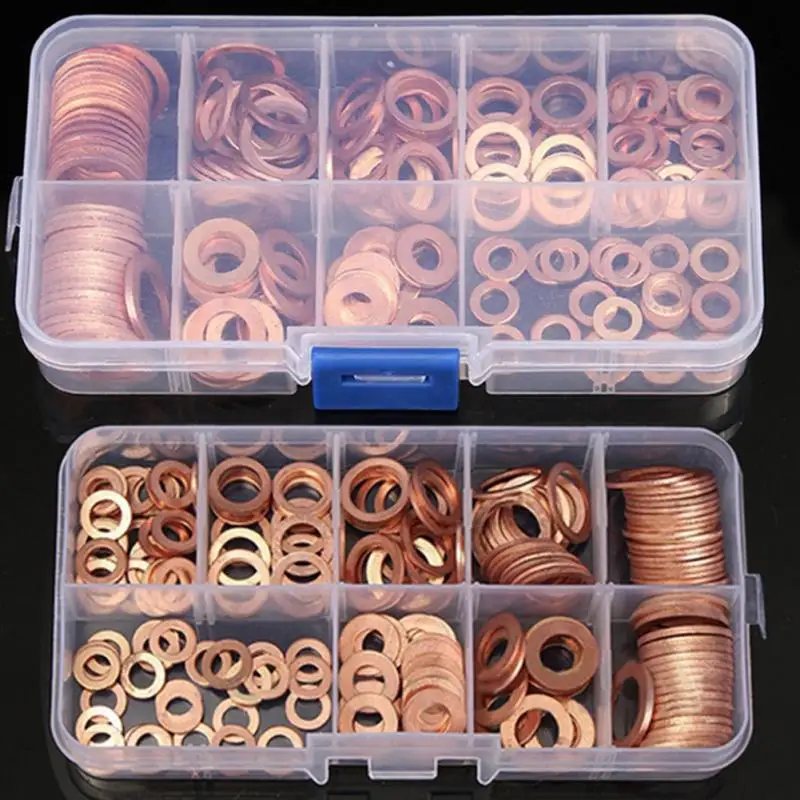 

New 200pcs/Box Copper Washers Gasket Set Flat Ring Seal Assortment Kit M5-M14 with Box For Hardware Accessories