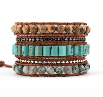 

Unique Mixed Natural Stones 5 Layered Leather Wrap Bracelet Fashion Weaving Beaded Bracelet Dropship Bohemia Jewelry