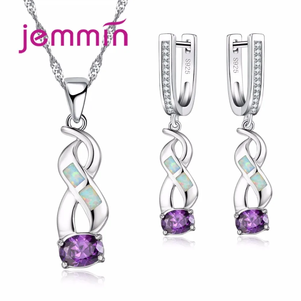 

Jemmin New Create Twist Cross Opal Necklace Earrings with Big Oval Purple Crystal Women 925 Sterling Silver Wedding Jewelry Set