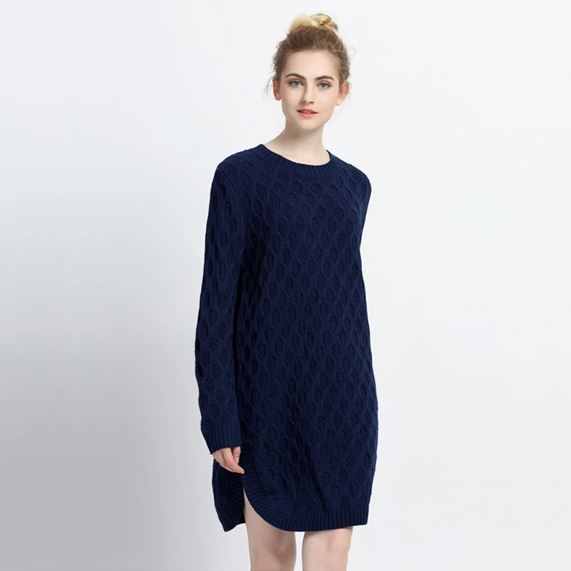 Dark blue long sleeve O neck cable knit midi dress for women loose