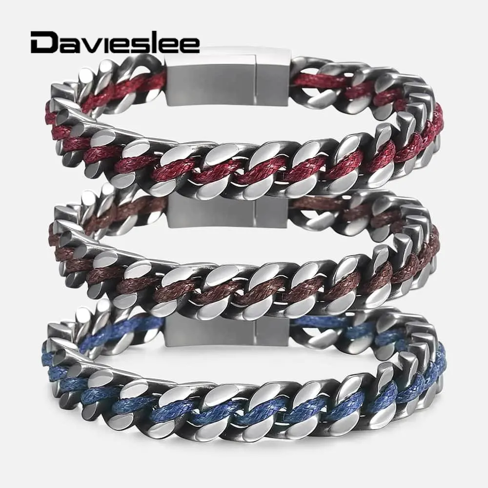 

Davieslee Mens Double Layer Braided Leather Bracelet Curb Stainless Steel Bangles Punk Male Jewelry 8" New Arrival DDLBM33