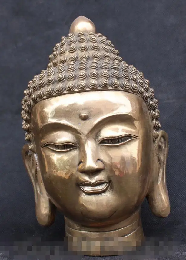 10"old Tibet Temple Brass Tathagata Sakyamuni Shakyamuni Buddha Head Bust Statue Statues
