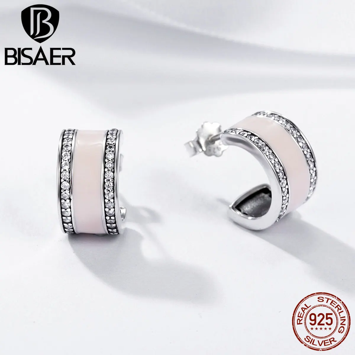 

Authentic 100% 925 Sterling Silver Soft Pink Round Small Hoop Earrings for Women Simple Geometric Girl Earrings 2018 Jewelry