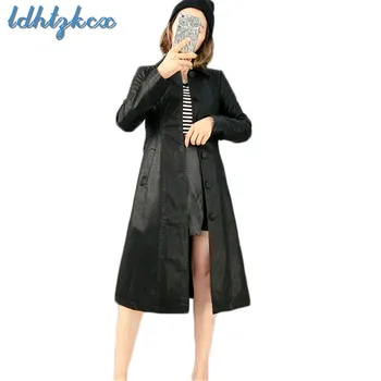 

Black Faux Leather Jackets Office Lady Plus Size Long PU Coat 2018 Autumn Winter Korean Adjustable Waist Long Sleeve Coats LD613