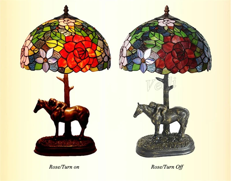 Антикварные витражи Tiffanylamp золото офис Домашний декор, красный цветок животных Лошадь Дизайнер настольная лампа чтение Исследование освещен