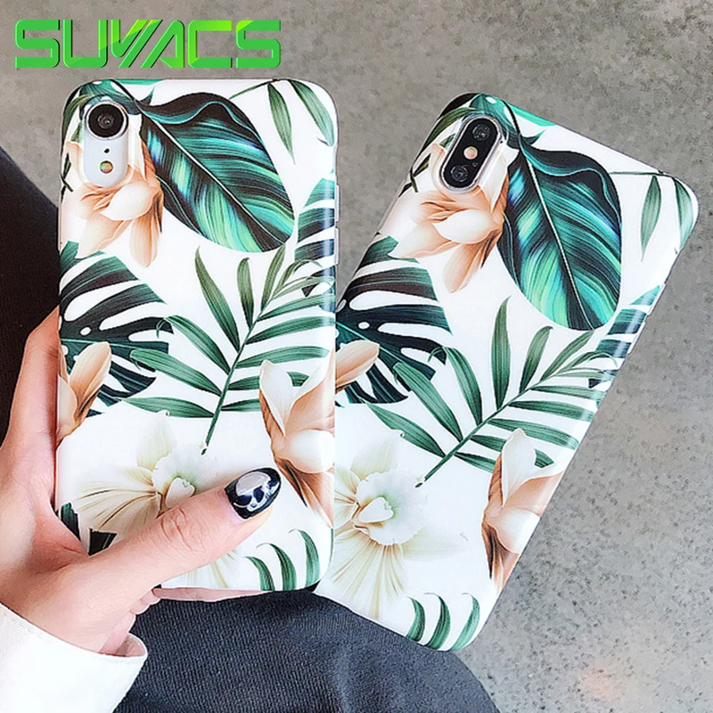

SUYACS For iPhone XS MAX XR 6 6S 7 8 Plus X Case Beautiul Flower Green Leaves Soft IMD Graphic Clear Thin Phone Cases Shell Bag