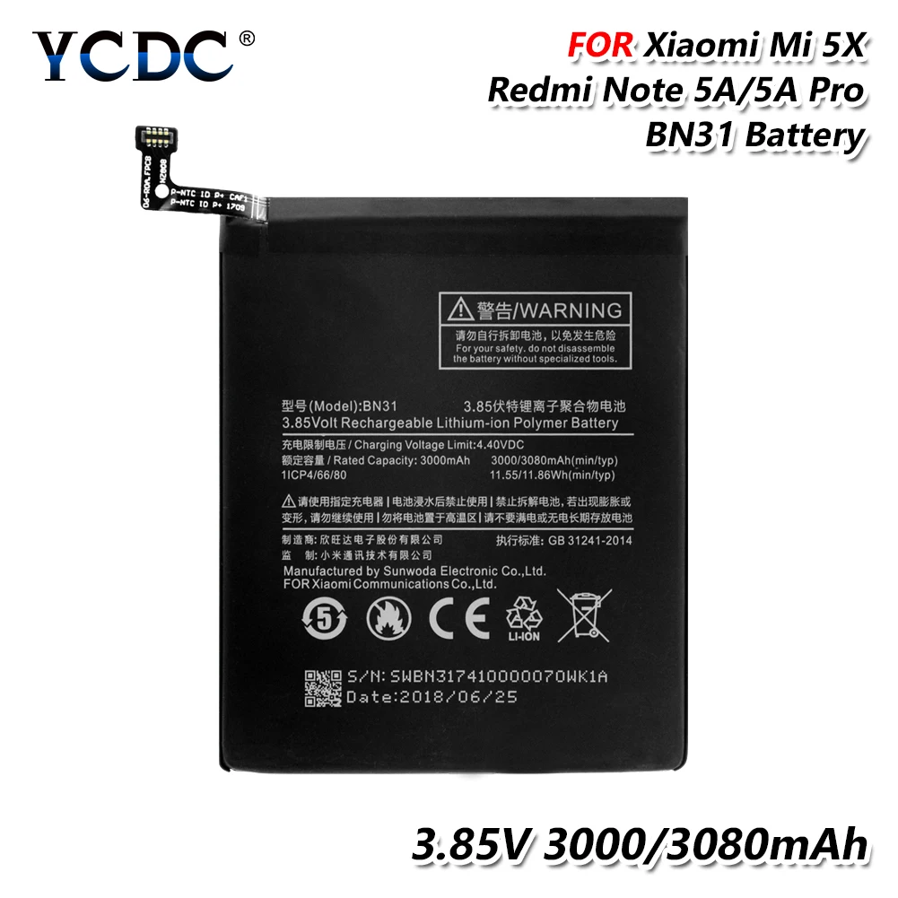 

Original Rechargeable Battery For Xiaomi Mi 5X Mi A1 Redmi Note 5A Y1 Lite BN31 BN-31 BN 31 3.85V 3080mAh Replacement Battery
