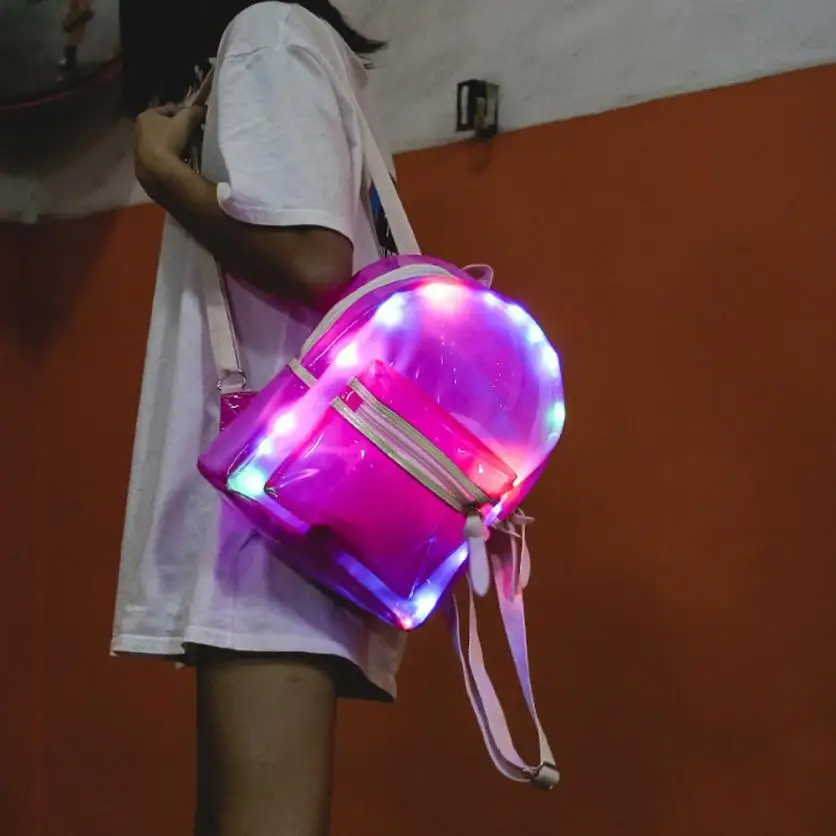 Las mujeres mochilas mochila brillo de bolso de las mujeres de la linterna de luz LED transparente mochila electrónicos bolsa mochila femenina A7