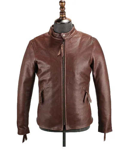 

Free shipping.New American oil wax leather coat,classic motor jacket.man brown Engraved genuine leather jacket.quality.sales