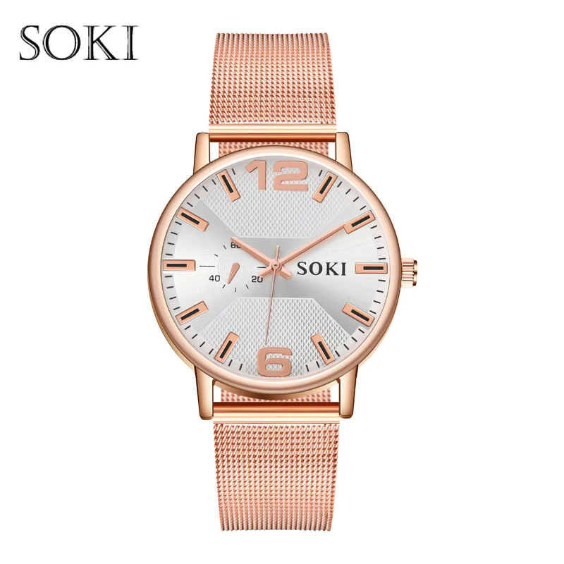 

Retro Unisex Fashion Quartz Watch SOKI Concise Mesh Strap Multicolor Black Rose Gold Round Leisure Female Watch Relogio Feminino