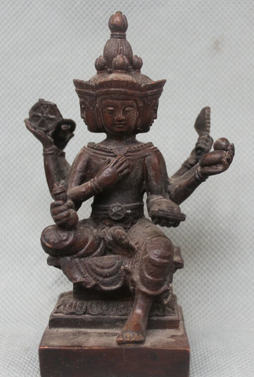 

xiuli 002319 Tibet Tibetan Buddhsit Pure Copper Bronze 4 Head 8 Arms Kwan-yin Goddess Statue