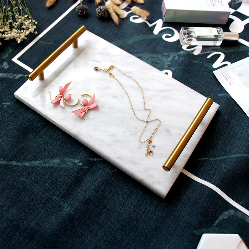 

Nordic Gold Handle Marble Storage Tray Jewelry Set Plate Dessert Sushi Storage Borad Living Room Bathroom Display Sample Tray