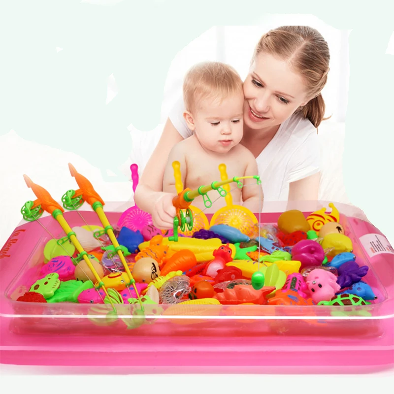 40pcs lot With Inflatable pool Magnetic font b Fishing b font Toy Rod Net Set For