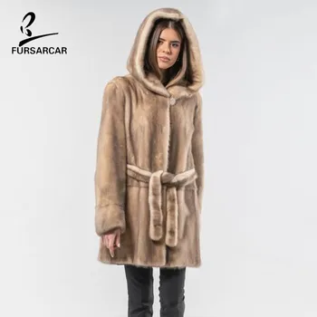 

FURSARCAR 2019 New Real Natural Mink Fur Jacket Winter Coat With Hood For Women Plus Size Long Genuine Fur Overcoat Trench Femme