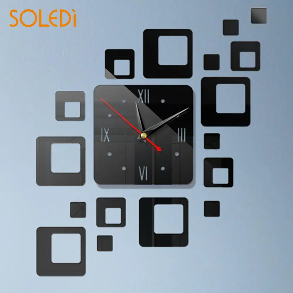 

3D Mirror Square Mirror Clock Bedroom TV Background Creative Mirror Clock 5 Colors Wall Decal Clock Valentine's Day Gift